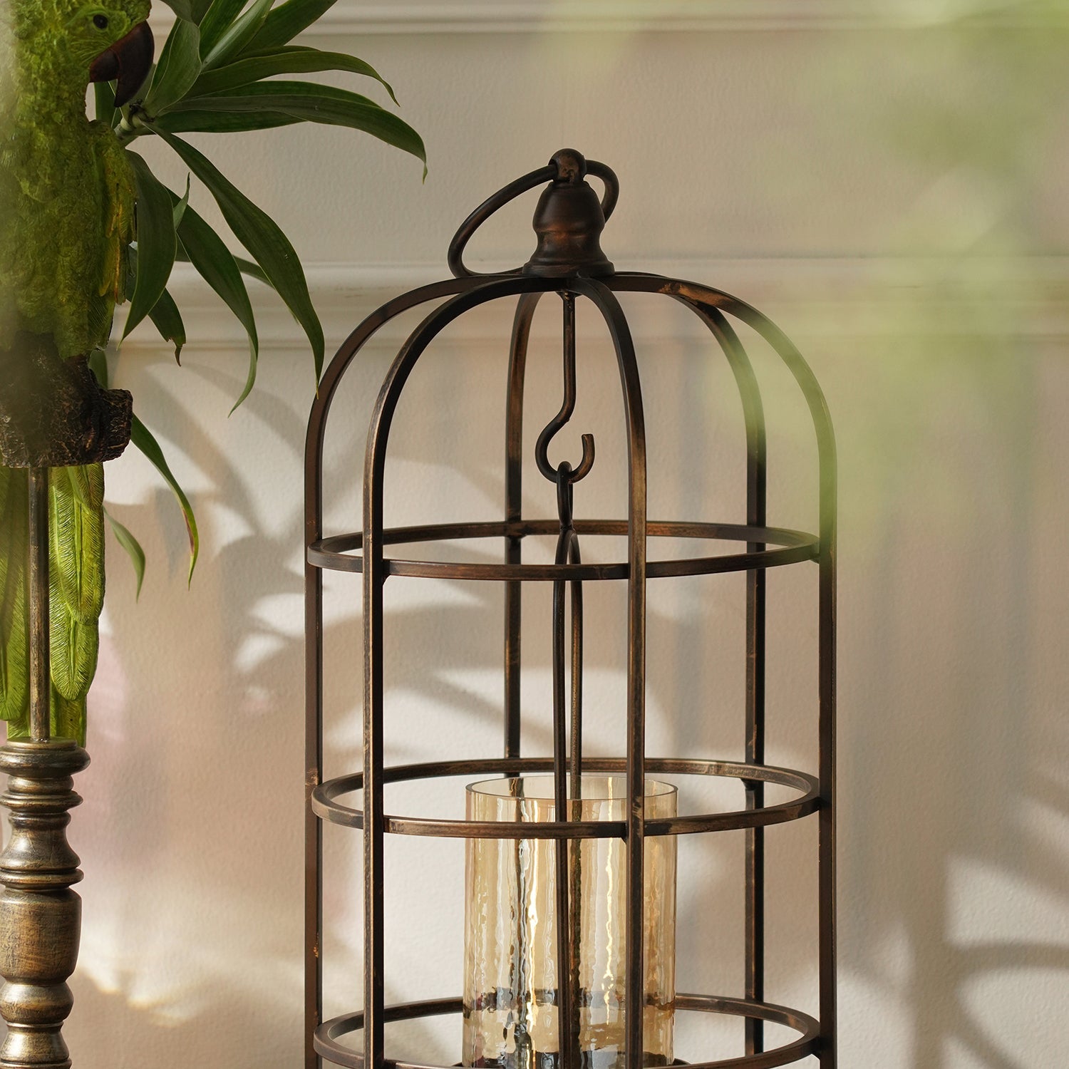 Antique Black Wired Metal Lantern with Glass Candleholder - Large