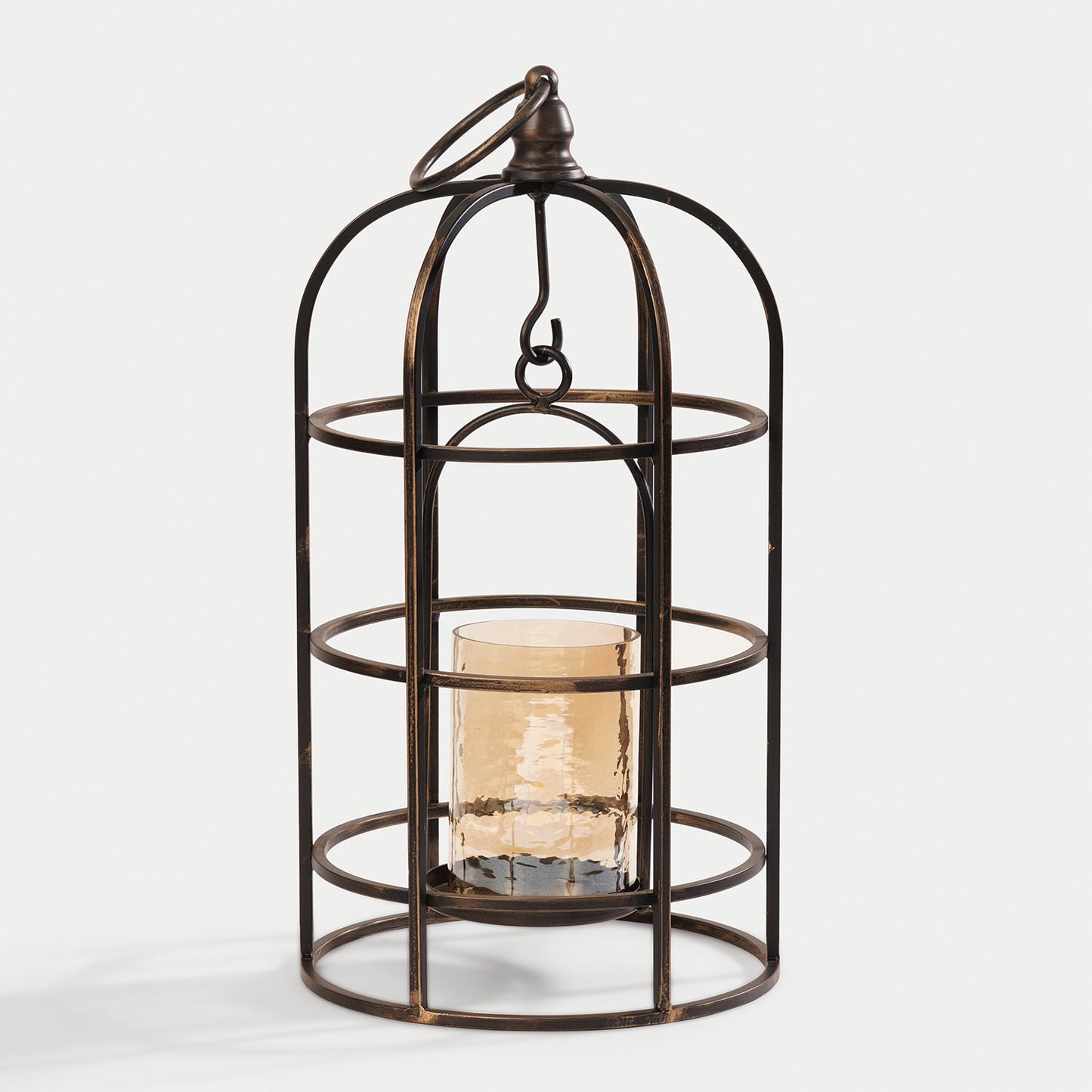 Antique Black Wired Metal Lantern with Glass Candleholder - Large