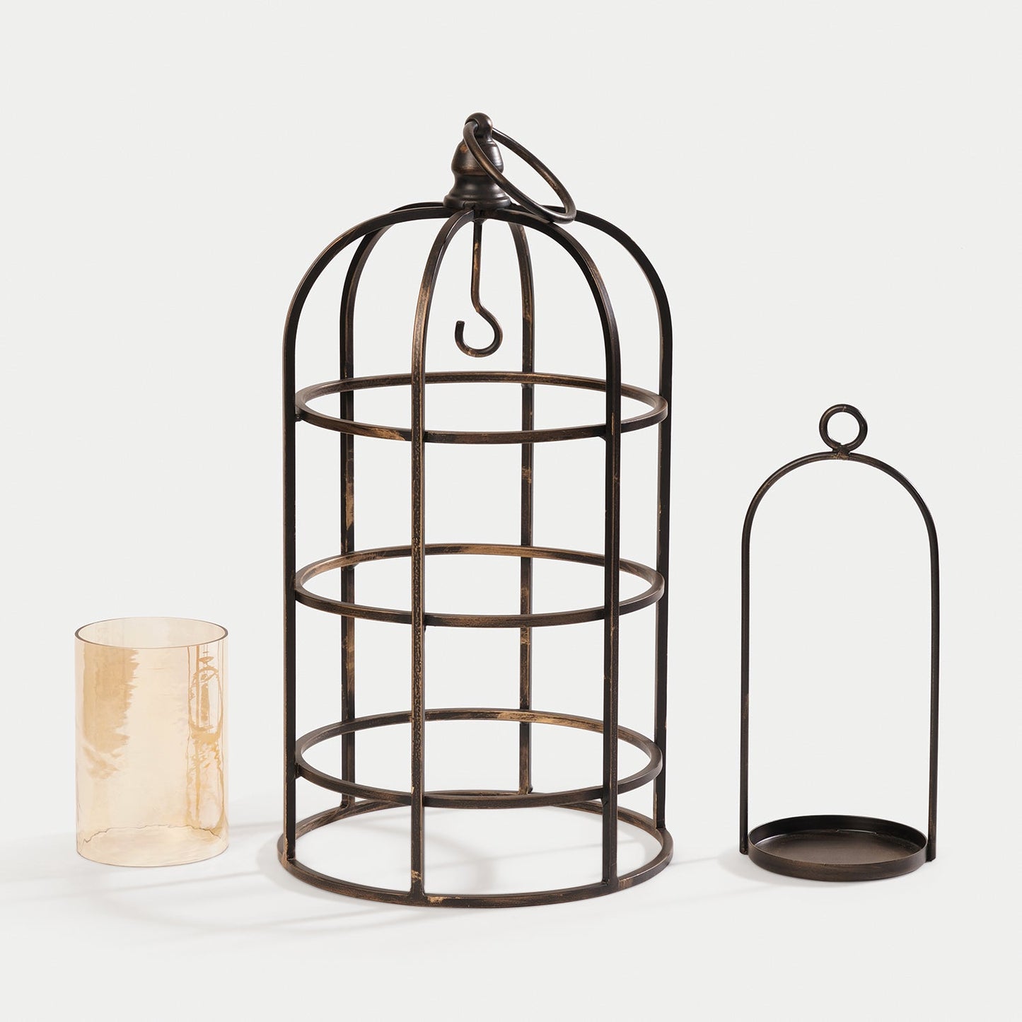 Antique Black Wired Metal Lantern with Glass Candleholder - Large