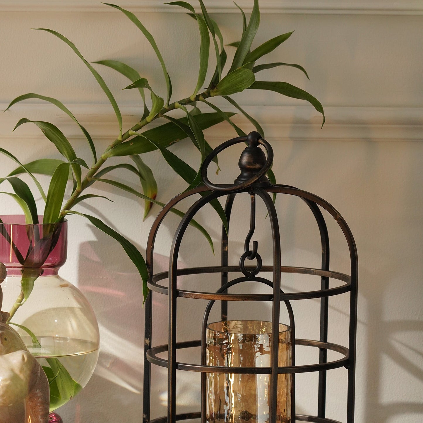 Antique Black Wired Metal Lantern with Glass Candleholder - Small