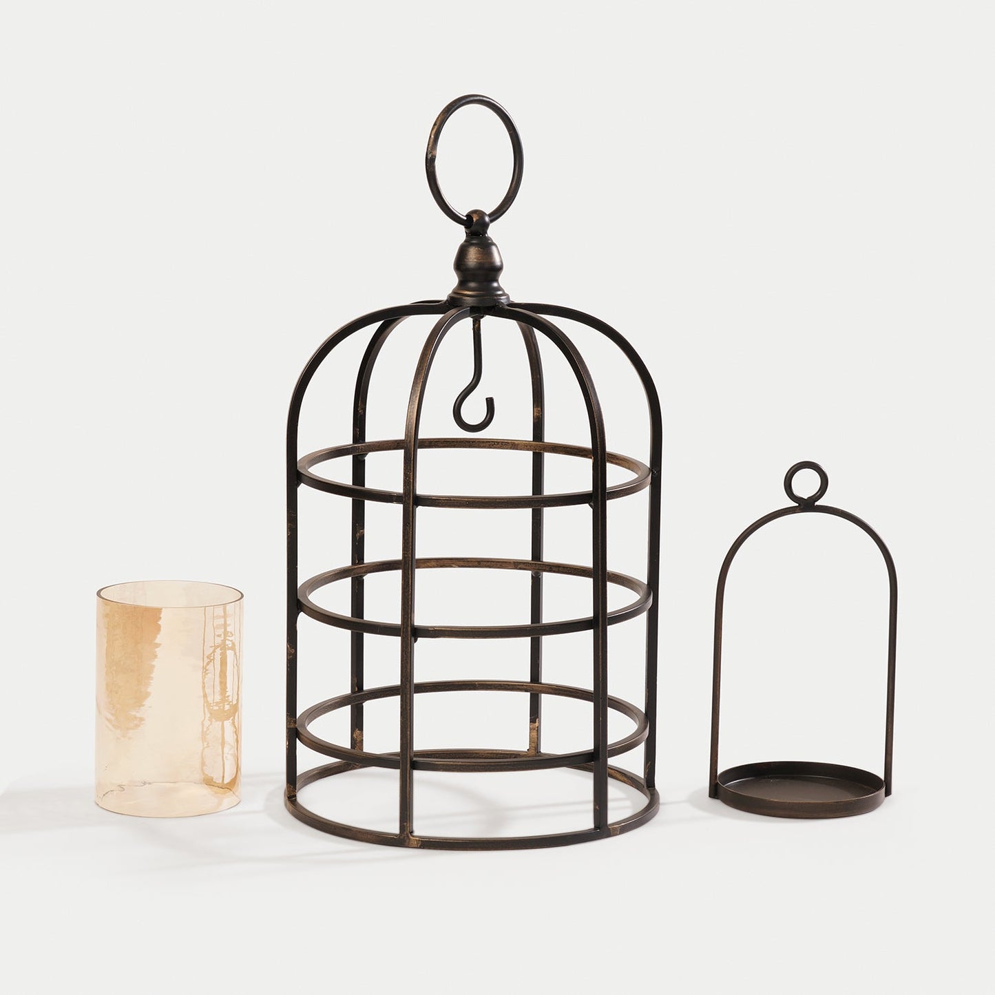 Antique Black Wired Metal Lantern with Glass Candleholder - Small