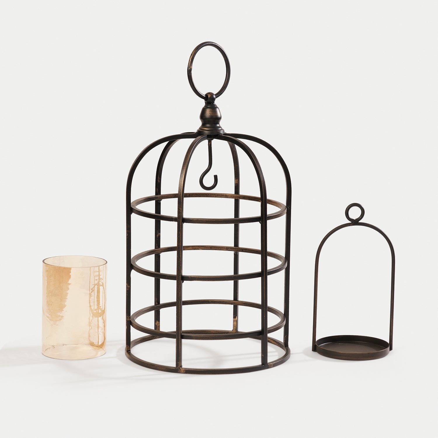 Antique Black Wired Metal Lantern with Glass Candleholder - Small