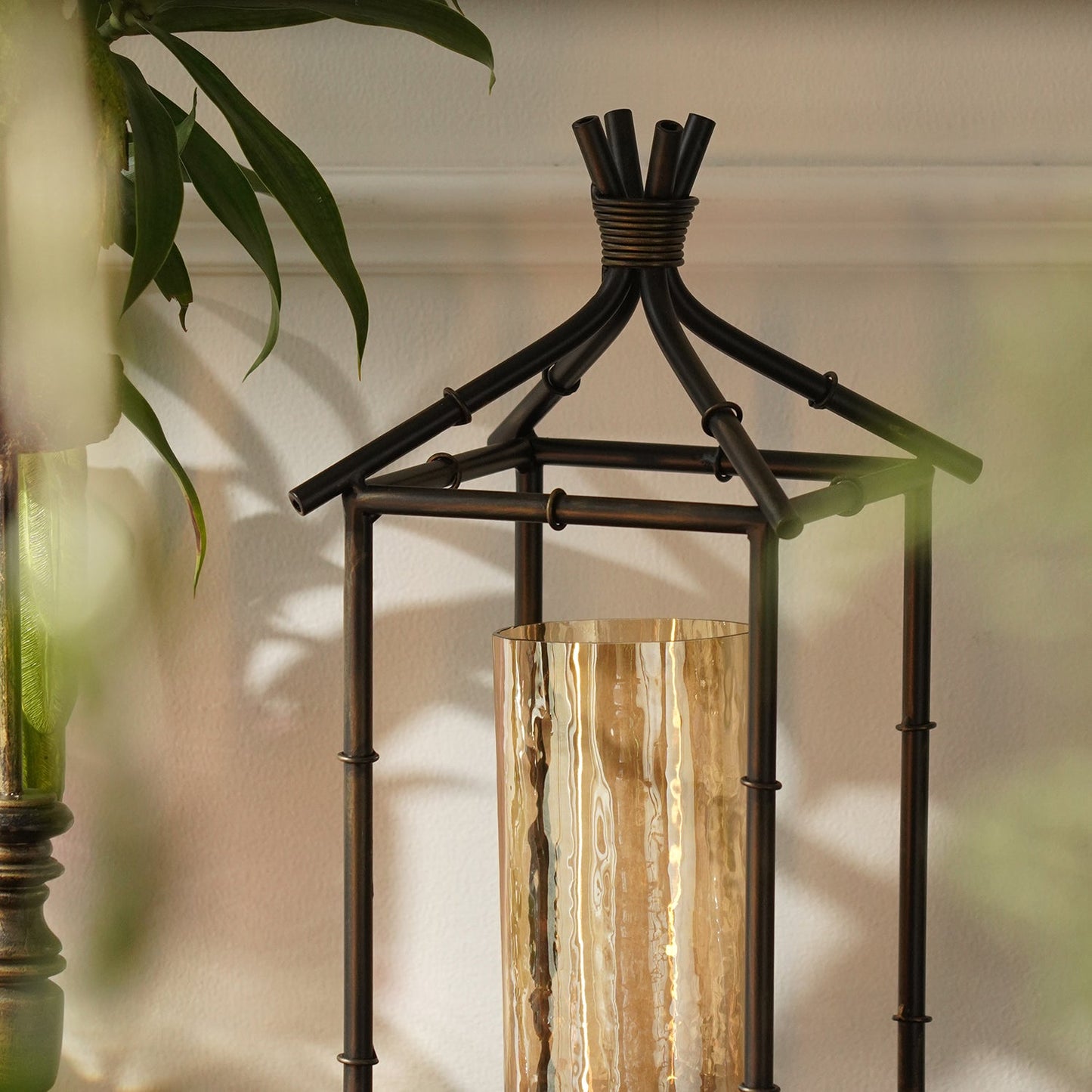 Antique Black Hut Shaped Lantern with Glass Candleholder - Large