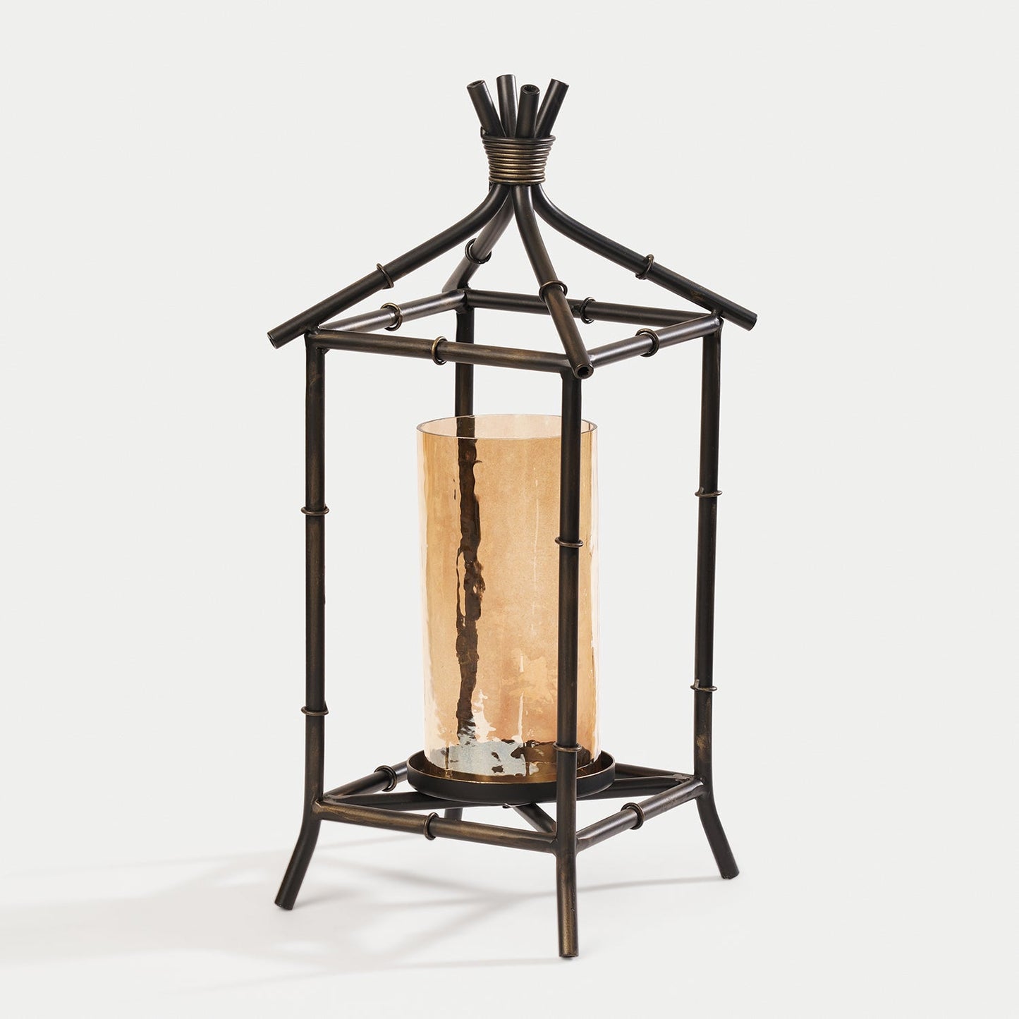 Antique Black Hut Shaped Lantern with Glass Candleholder - Large