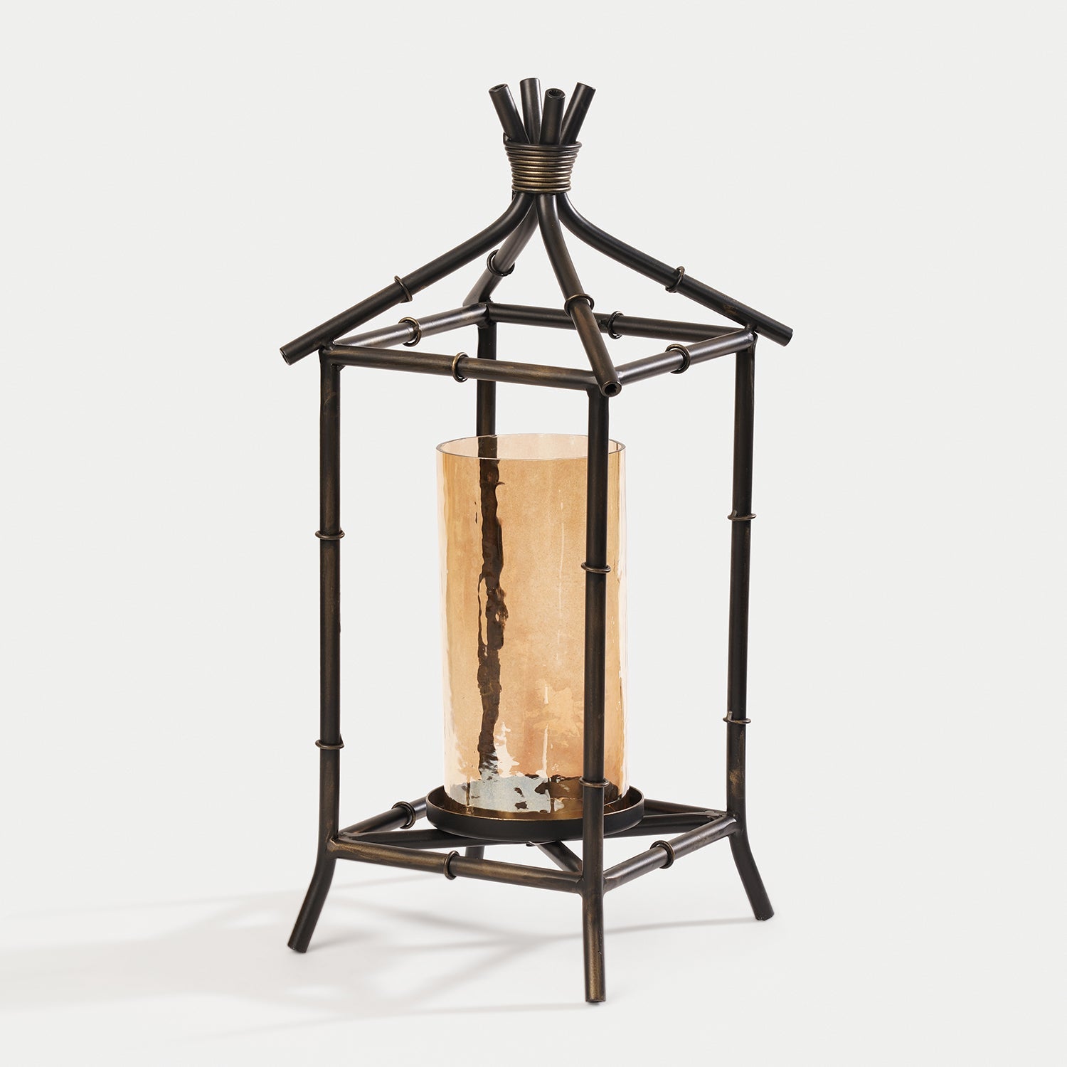 Antique Black Hut Shaped Lantern with Glass Candleholder - Large