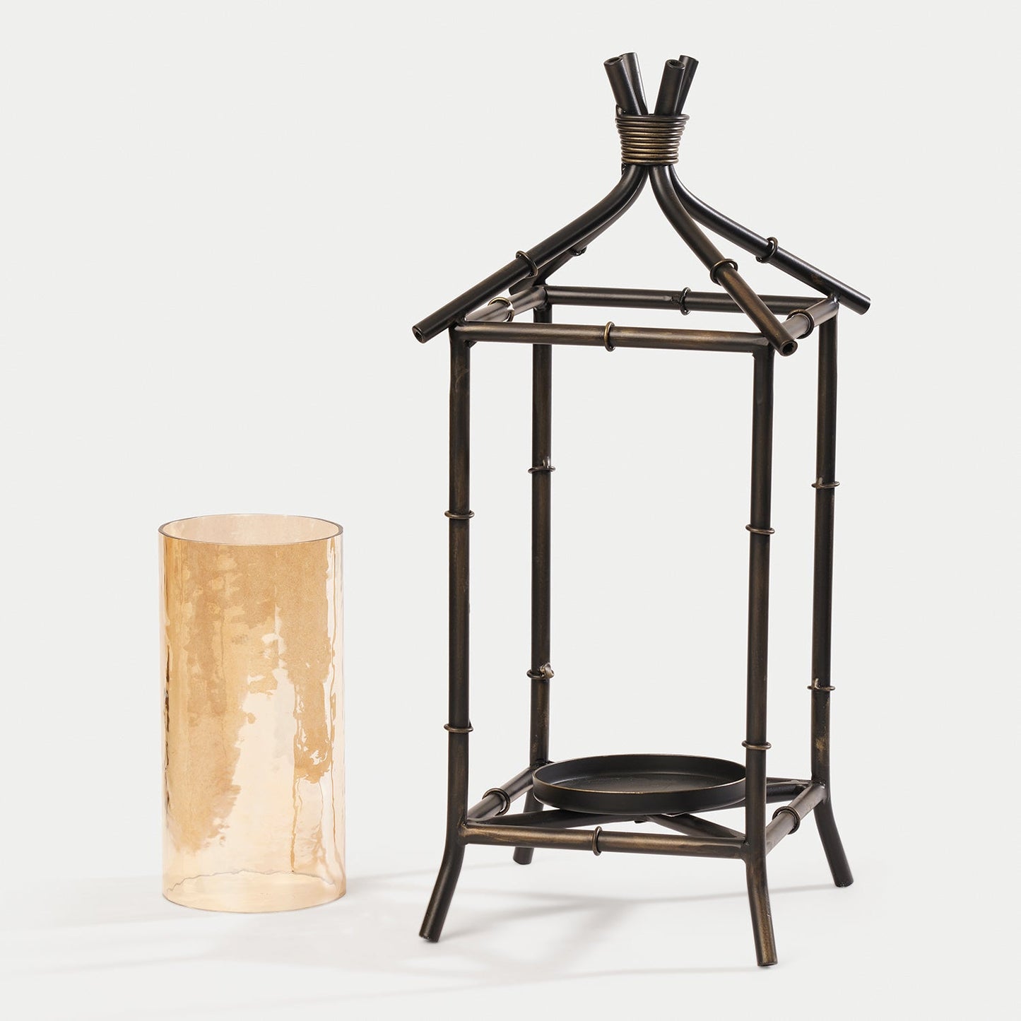 Antique Black Hut Shaped Lantern with Glass Candleholder - Large