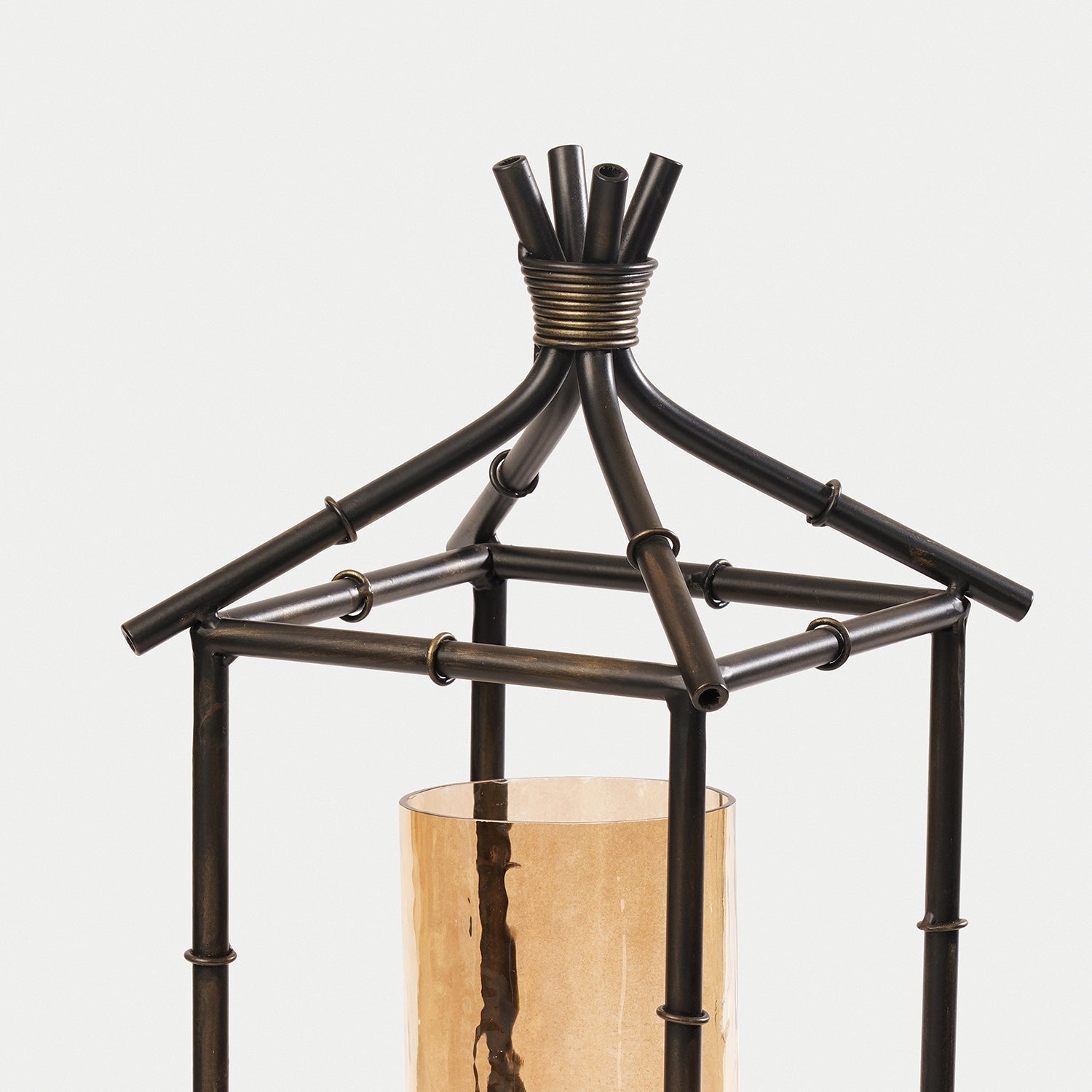 Antique Black Hut Shaped Lantern with Glass Candleholder - Large