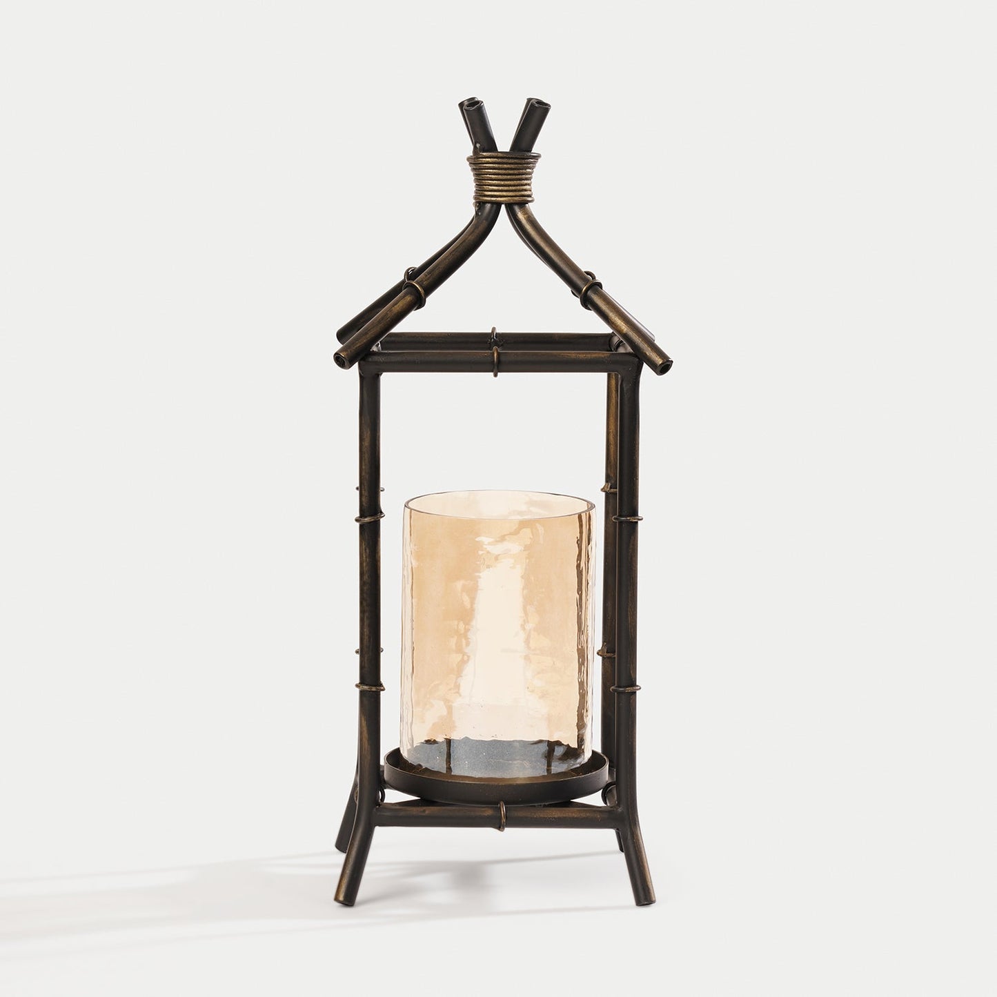 Antique Black Hut Shaped Lantern with Glass Candleholder - Small