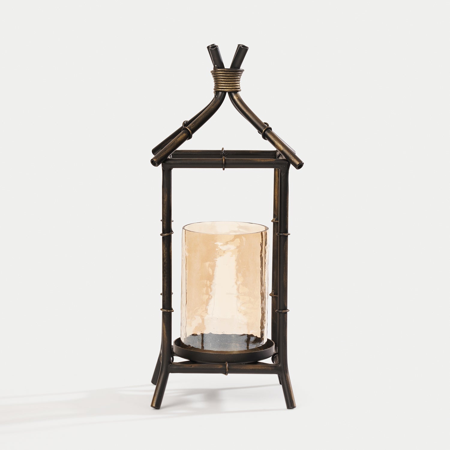 Antique Black Hut Shaped Lantern with Glass Candleholder - Small