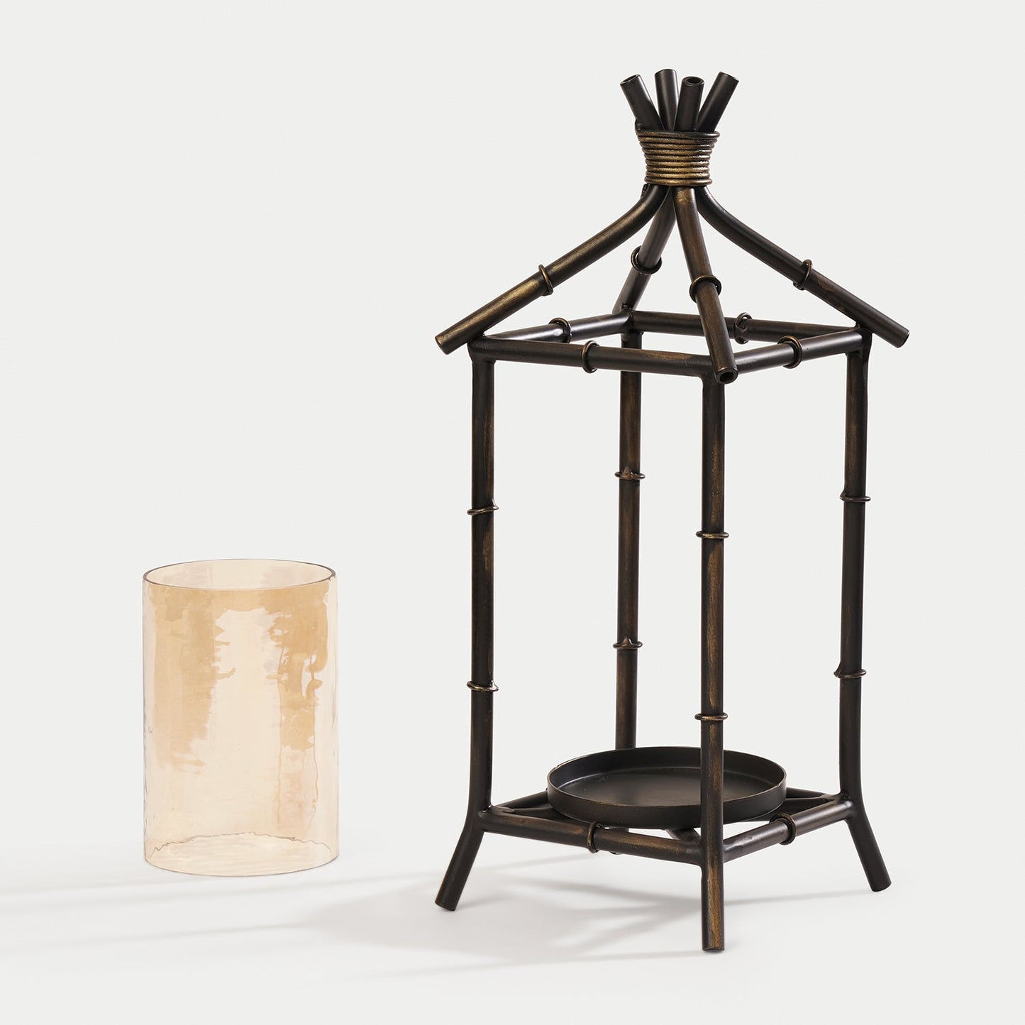Antique Black Hut Shaped Lantern with Glass Candleholder - Small