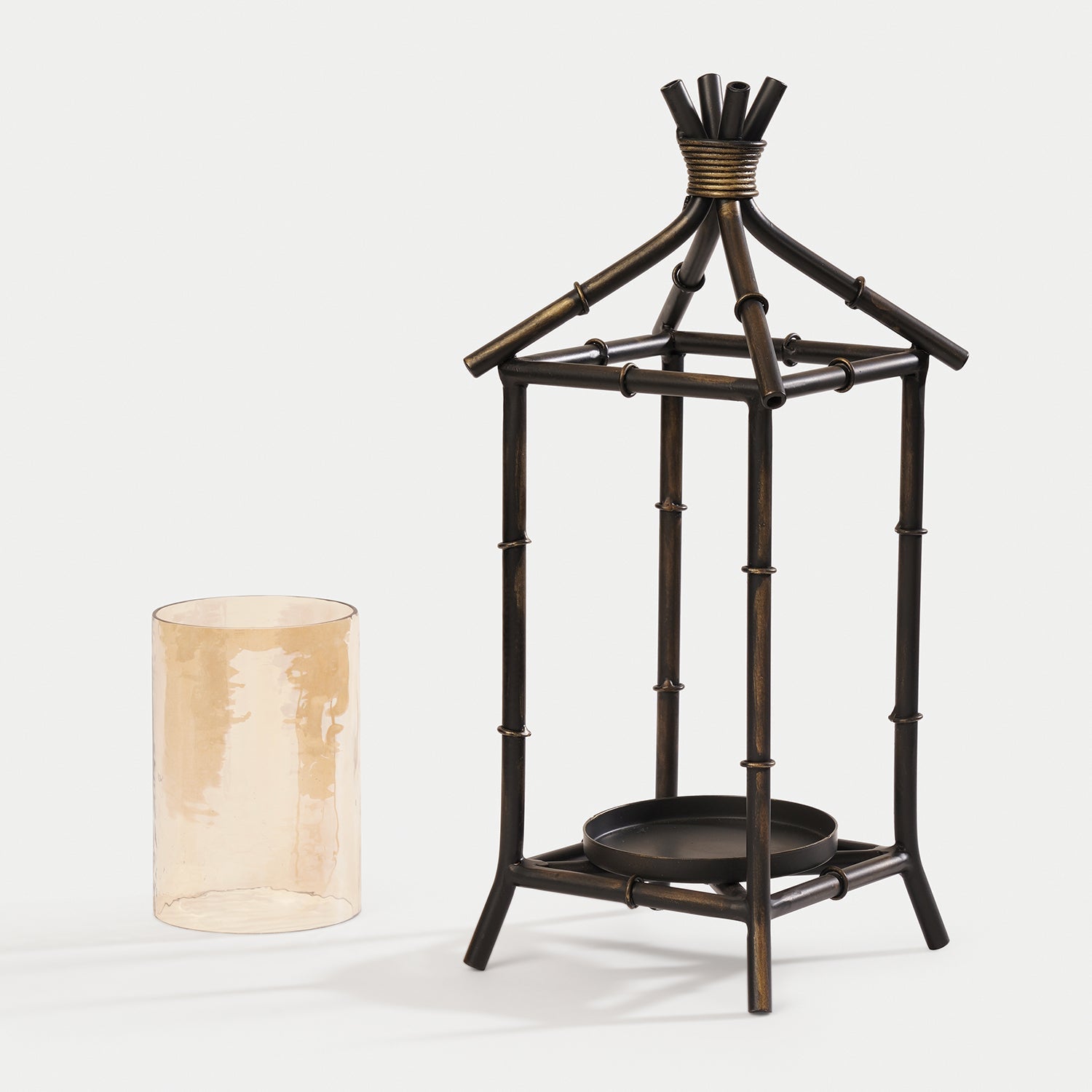 Antique Black Hut Shaped Lantern with Glass Candleholder - Small