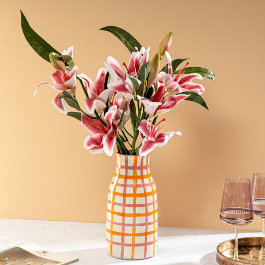 【Pure Home + Living】 Pink & Orange Checkered Vase - Large｜ピンク＆オレンジ チェック柄 花瓶（L）｜15×15×30cm