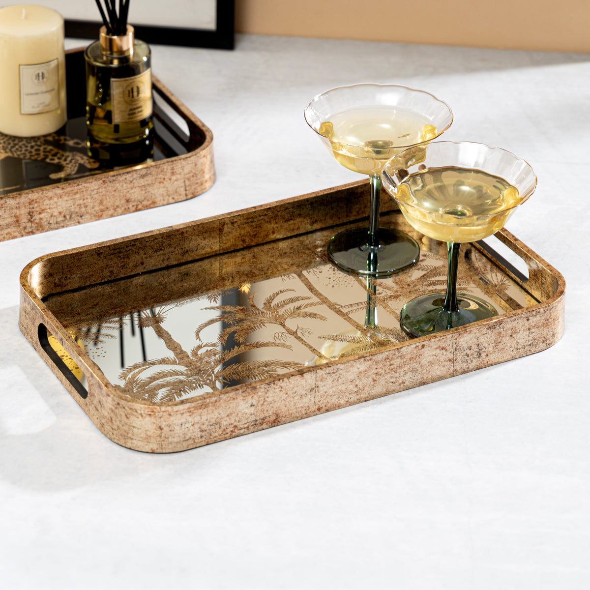 【Pure Home + Living】 Gold & Silver Palm Rectangular Tray｜ゴールド＆シルバー パーム柄 長方形トレイ｜40×25×4cm