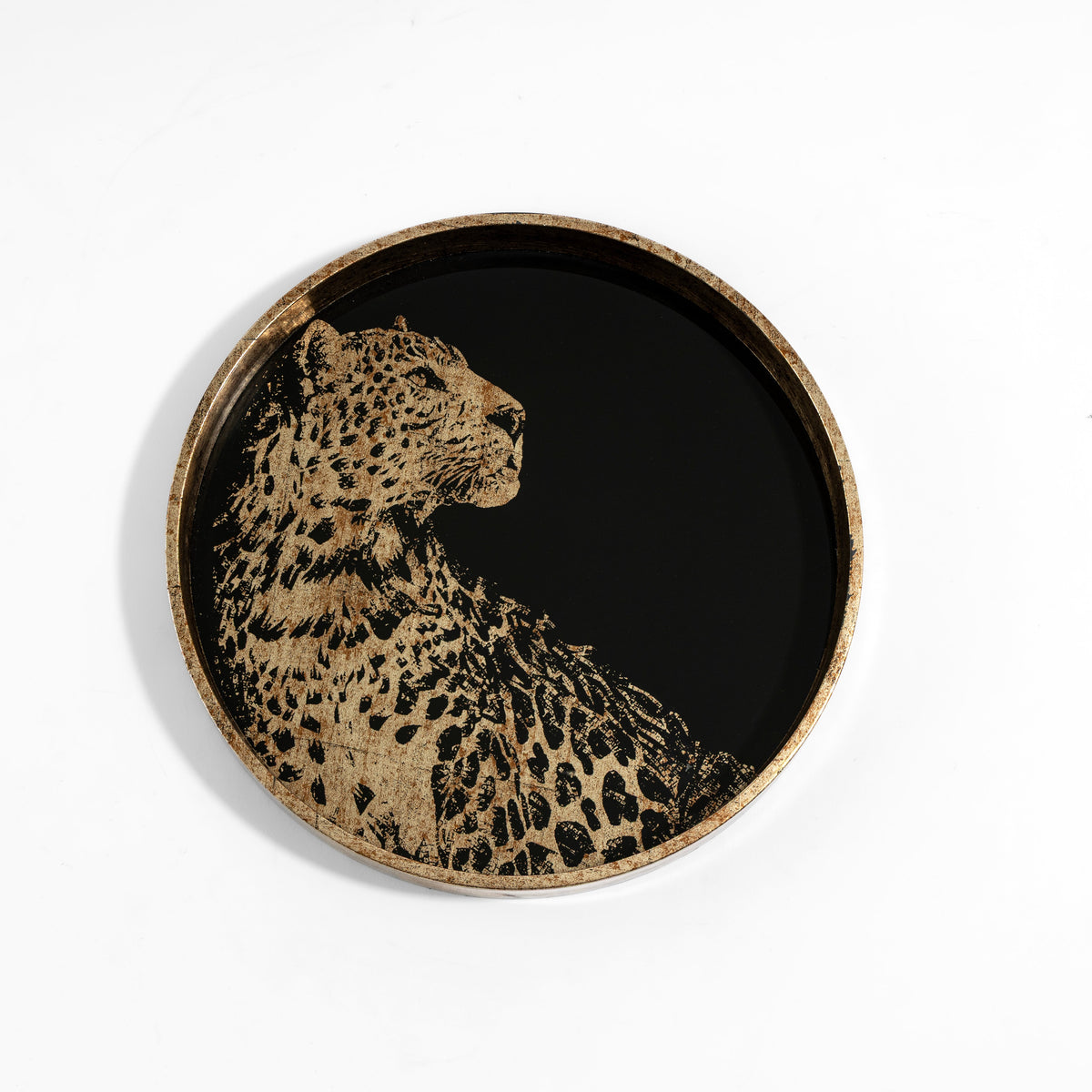 【Pure Home + Living】 Gold & Black Leopard Print Lacquered Round Tray - Small｜ゴールド＆ブラック レオパード柄 ラッカー仕上げ 丸型トレイ（S）｜28×28×3cm