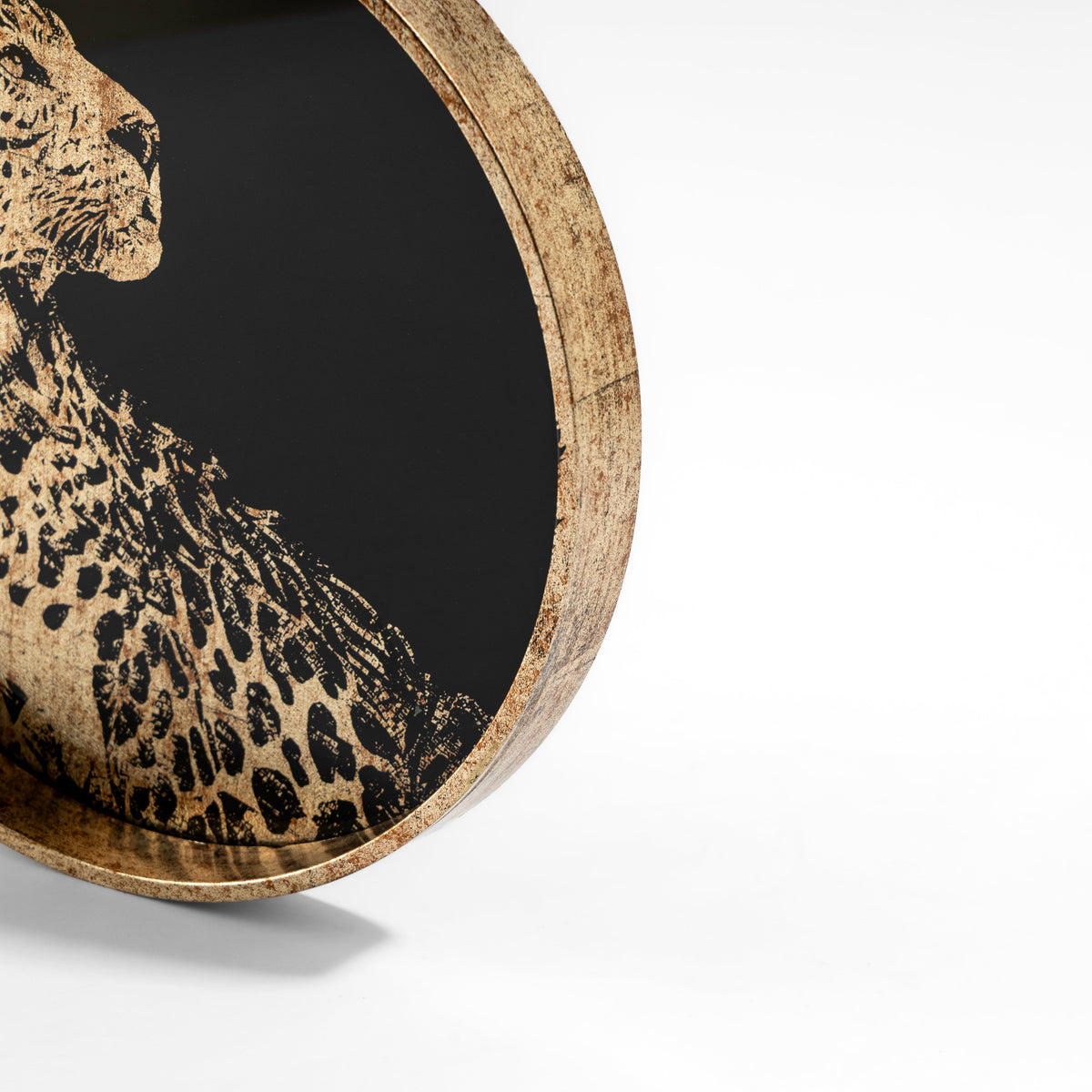 【Pure Home + Living】 Gold & Black Leopard Print Lacquered Round Tray - Small｜ゴールド＆ブラック レオパード柄 ラッカー仕上げ 丸型トレイ（S）｜28×28×3cm