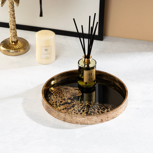 【Pure Home + Living】 Gold & Black Leopard Print Lacquered Round Tray - Small｜ゴールド＆ブラック レオパード柄 ラッカー仕上げ 丸型トレイ（S）｜28×28×3cm