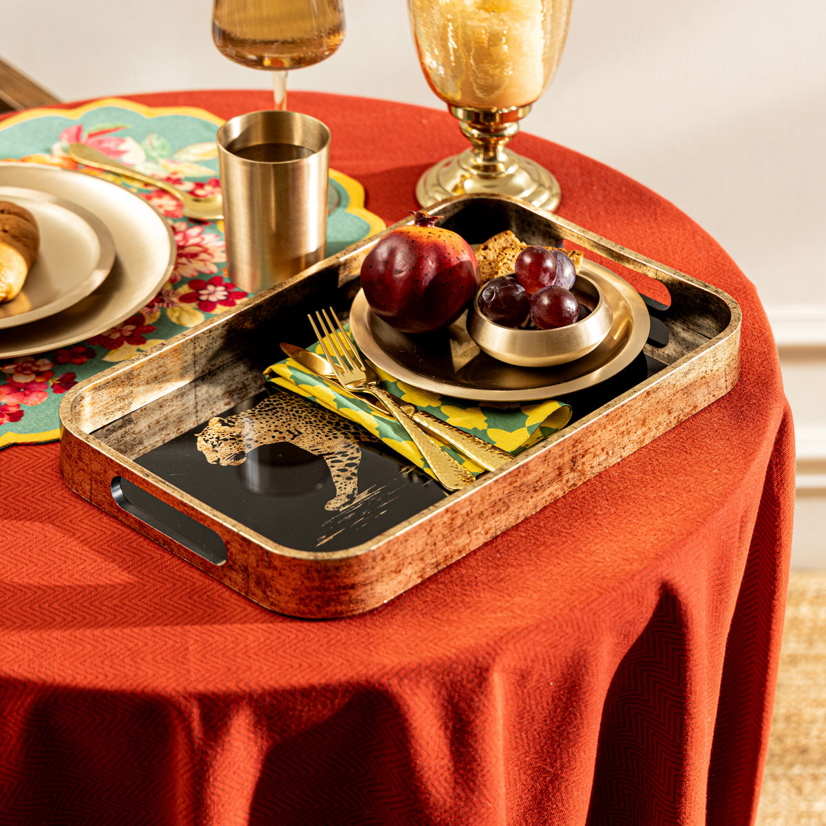 【Pure Home + Living】 Gold & Black Leopard Print Rectangular Tray｜ゴールド＆ブラック レオパード柄 長方形トレイ｜40×25×4cm