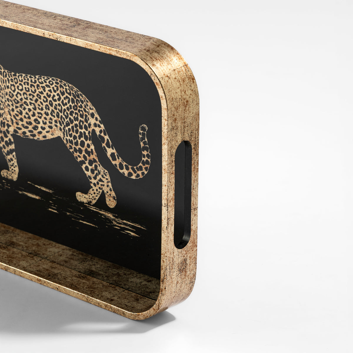 【Pure Home + Living】 Gold & Black Leopard Print Rectangular Tray｜ゴールド＆ブラック レオパード柄 長方形トレイ｜40×25×4cm