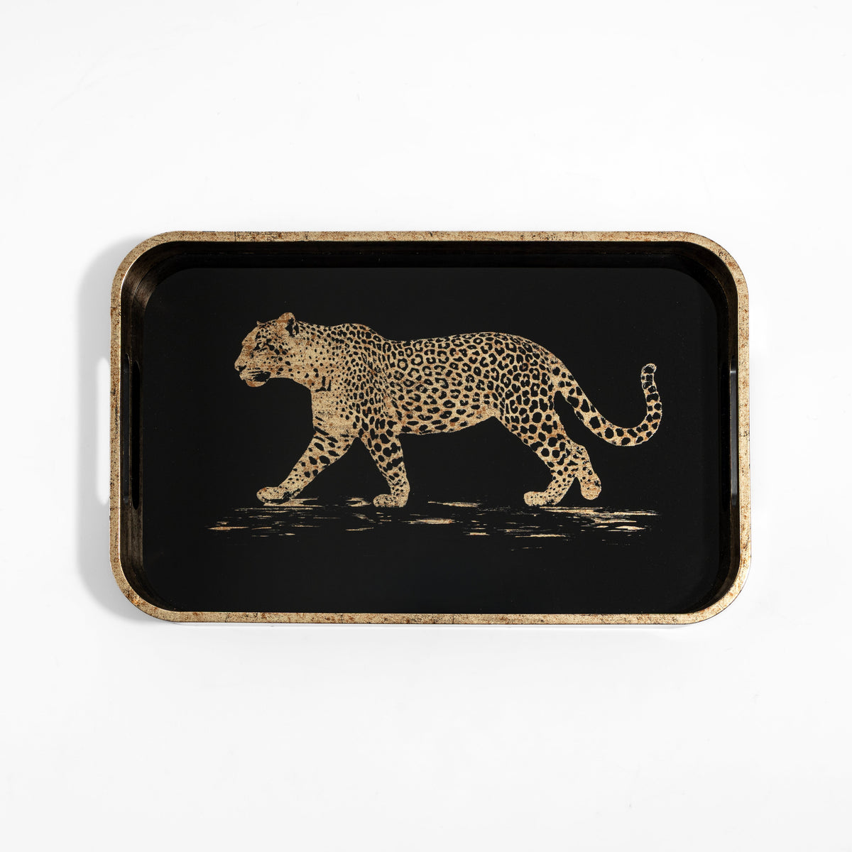 【Pure Home + Living】 Gold & Black Leopard Print Rectangular Tray｜ゴールド＆ブラック レオパード柄 長方形トレイ｜40×25×4cm