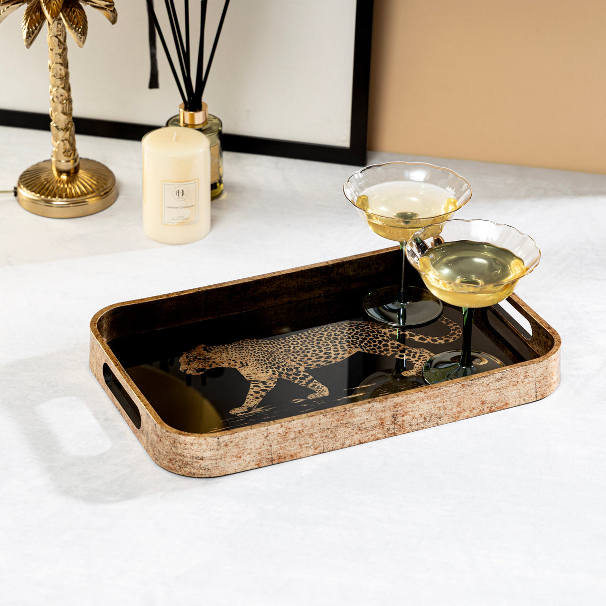 【Pure Home + Living】 Gold & Black Leopard Print Rectangular Tray｜ゴールド＆ブラック レオパード柄 長方形トレイ｜40×25×4cm