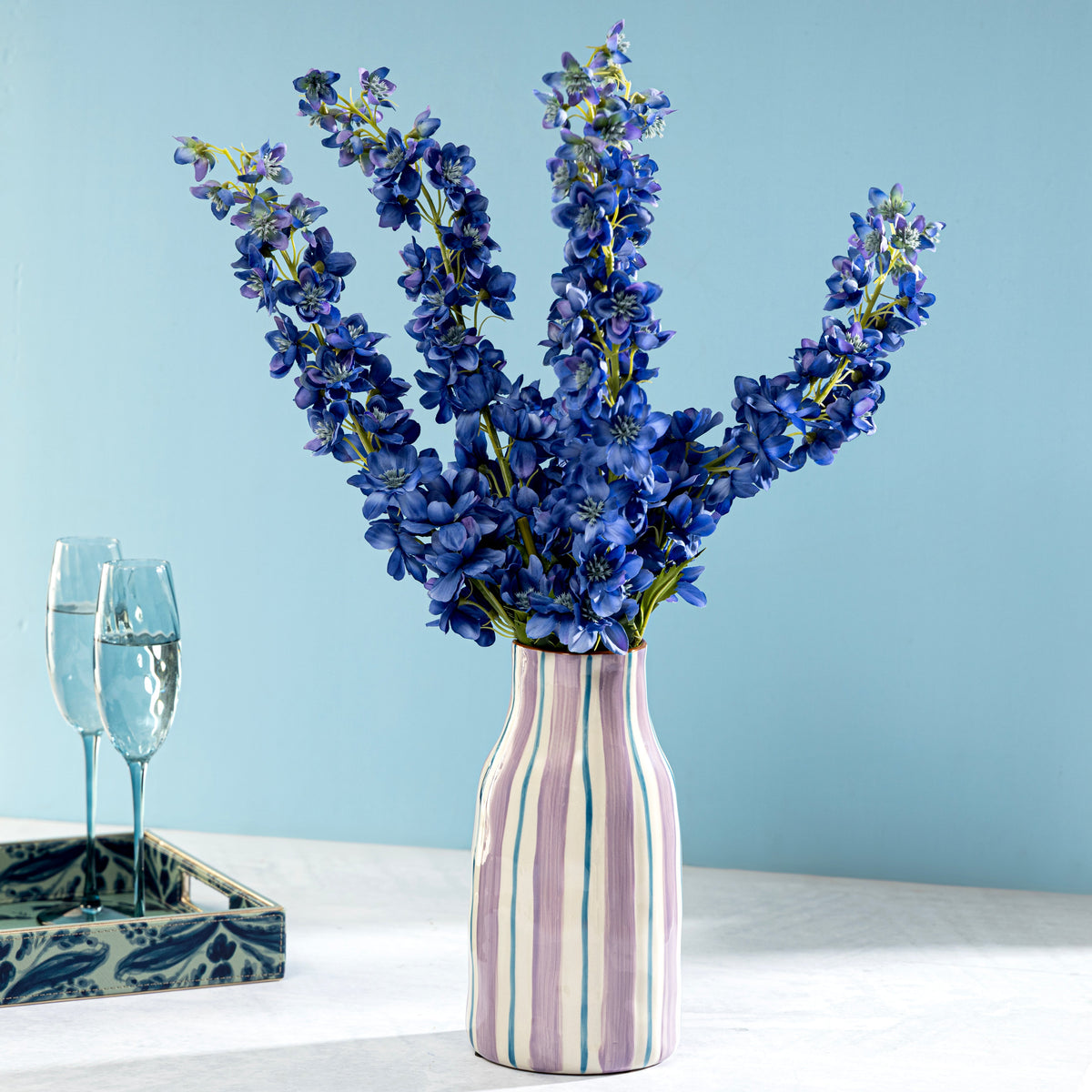 【Pure Home + Living】 Blue & Brown Striped Vase - Small｜ブルー＆ブラウン ストライプ 花瓶（S）｜13×13×26cm