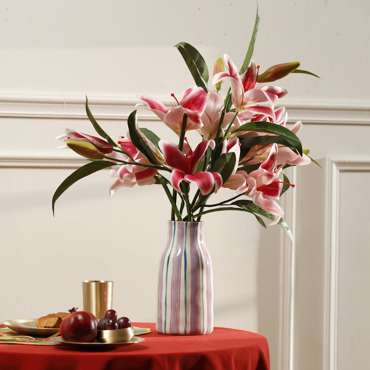 【Pure Home + Living】 Blue & Brown Striped Vase - Small｜ブルー＆ブラウン ストライプ 花瓶（S）｜13×13×26cm