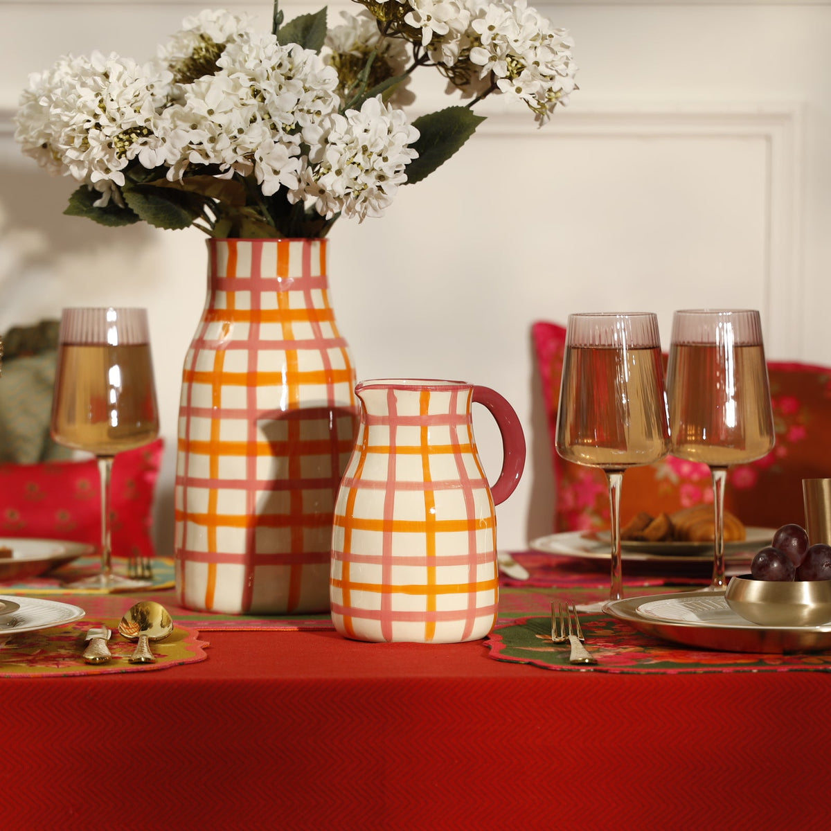【Pure Home + Living】 Pink & Orange Checkered Water Jug｜ピンク＆オレンジ チェック柄 ウォータージャグ（水差し）｜16×13×18.5cm