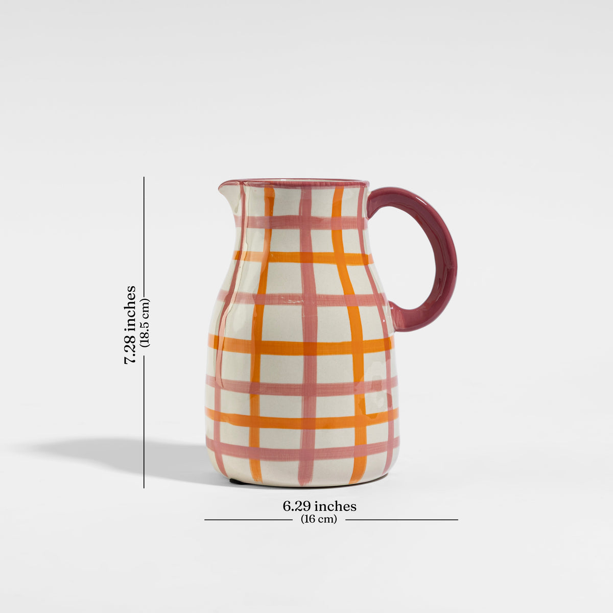 【Pure Home + Living】 Pink & Orange Checkered Water Jug｜ピンク＆オレンジ チェック柄 ウォータージャグ（水差し）｜16×13×18.5cm