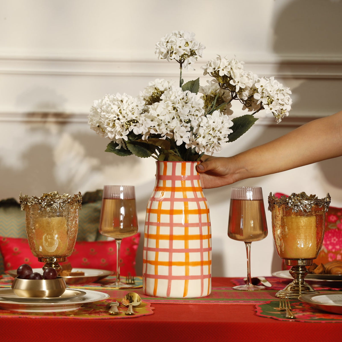 【Pure Home + Living】 Pink & Orange Checkered Vase - Small｜ピンク＆オレンジ チェック柄 花瓶（S）｜13×13×26cm