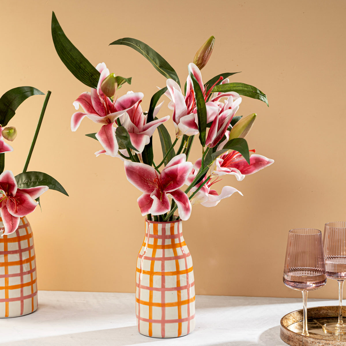 【Pure Home + Living】 Pink & Orange Checkered Vase - Small｜ピンク＆オレンジ チェック柄 花瓶（S）｜13×13×26cm