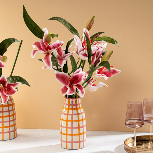 【Pure Home + Living】 Pink & Orange Checkered Vase - Small｜ピンク＆オレンジ チェック柄 花瓶（S）｜13×13×26cm