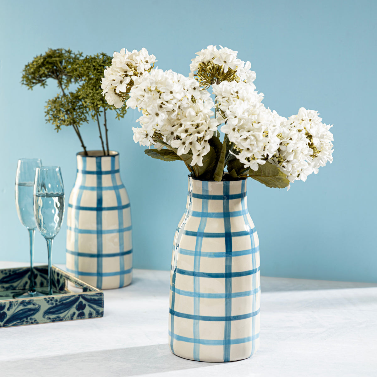 【Pure Home + Living】 Blue & Light Blue Checkered Vase - Large｜ブルー＆ライトブルー チェック柄 花瓶（L）｜15×15×30cm