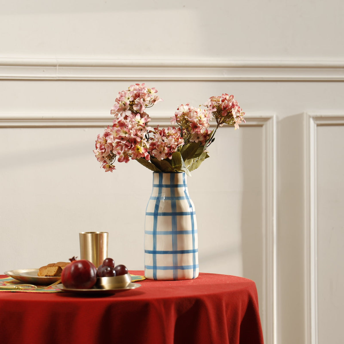 【Pure Home + Living】 Blue & Light Blue Checkered Vase - Small｜ブルー＆ライトブルー チェック柄 花瓶（S）｜13×13×26cm