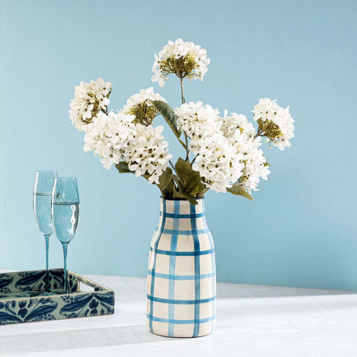 【Pure Home + Living】 Blue & Light Blue Checkered Vase - Small｜ブルー＆ライトブルー チェック柄 花瓶（S）｜13×13×26cm
