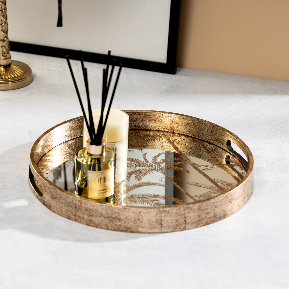 【Pure Home + Living】 Gold & Black Palm Round Tray - Large｜ゴールド＆ブラック パーム柄 丸型トレイ（L）｜35.5×35.5×4cm