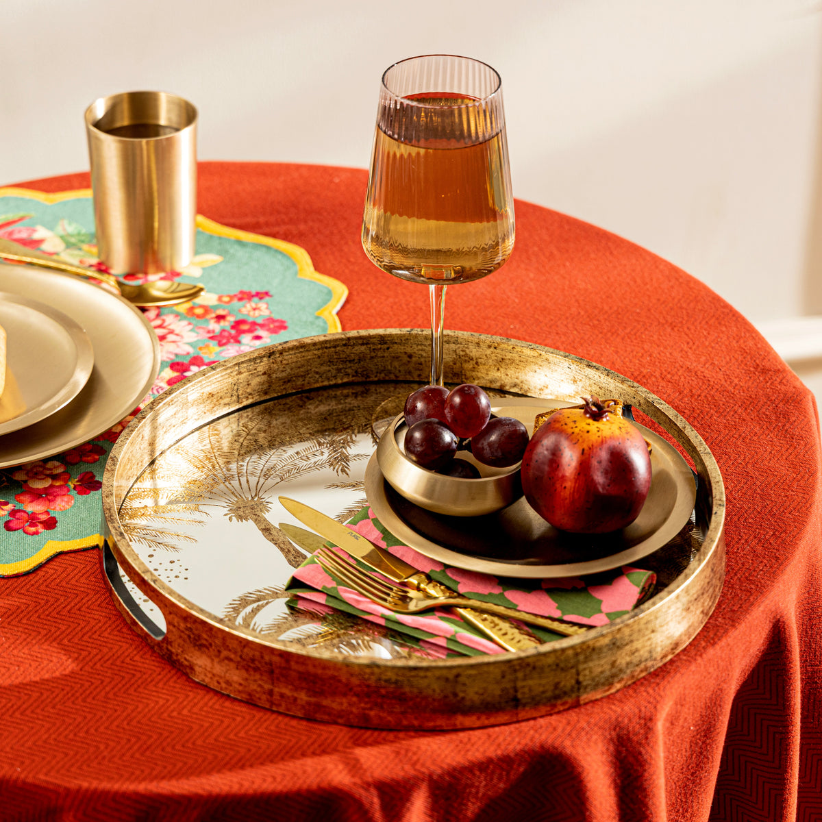 【Pure Home + Living】 Gold & Black Palm Round Tray - Large｜ゴールド＆ブラック パーム柄 丸型トレイ（L）｜35.5×35.5×4cm