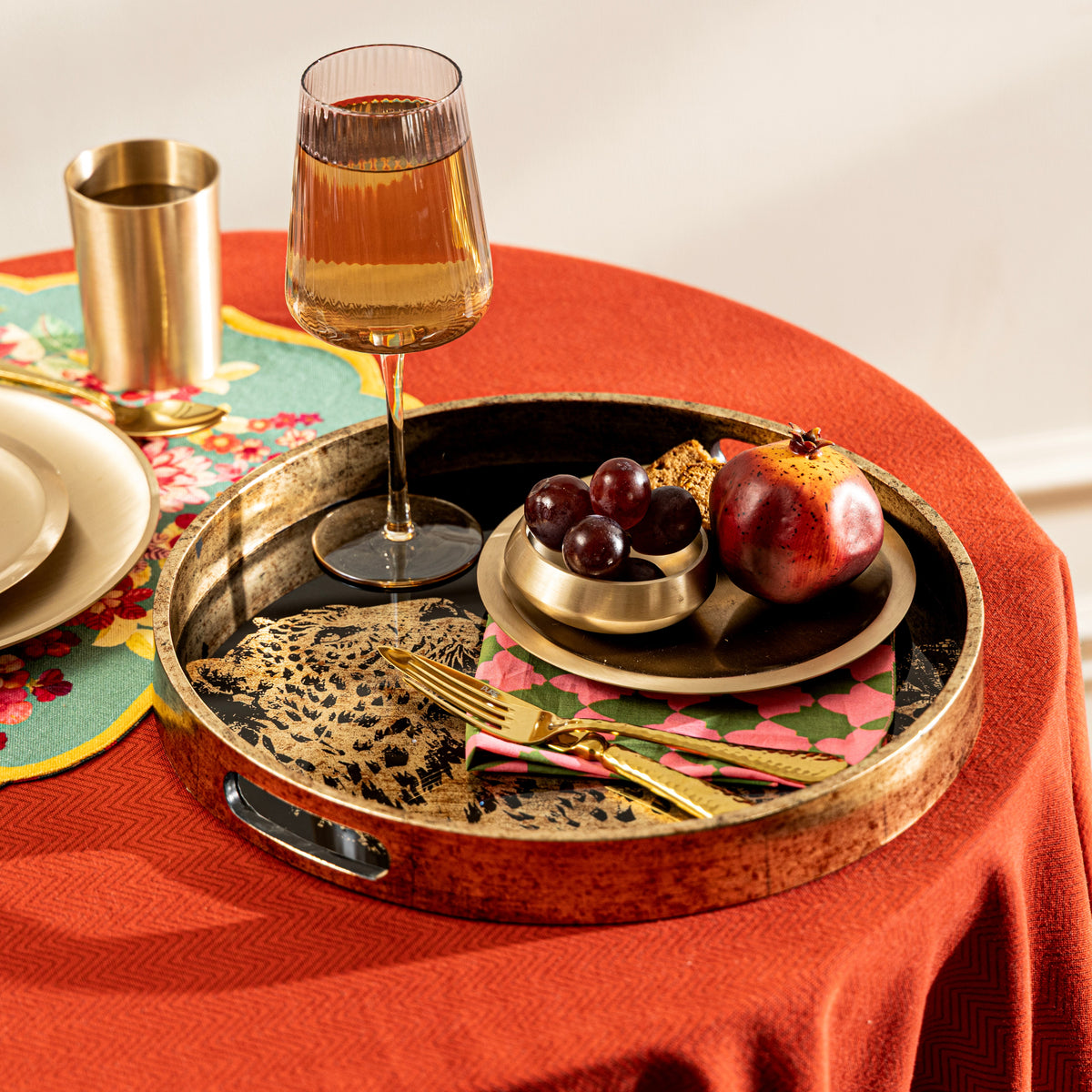【Pure Home + Living】 Gold & Black Leopard Print Round Tray - Large｜ゴールド＆ブラック レオパード柄 丸型トレイ（L）｜35.5×35.5×4cm