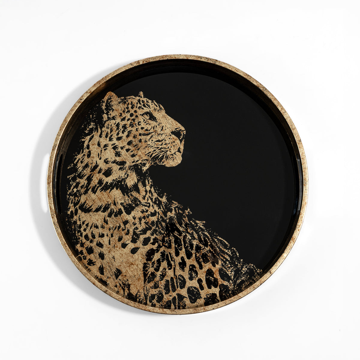 【Pure Home + Living】 Gold & Black Leopard Print Round Tray - Large｜ゴールド＆ブラック レオパード柄 丸型トレイ（L）｜35.5×35.5×4cm