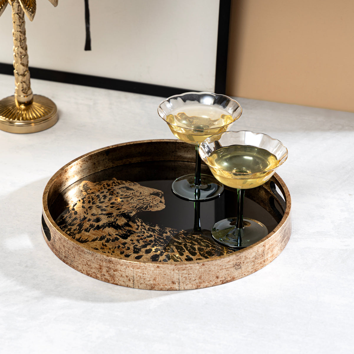 【Pure Home + Living】 Gold & Black Leopard Print Round Tray - Large｜ゴールド＆ブラック レオパード柄 丸型トレイ（L）｜35.5×35.5×4cm