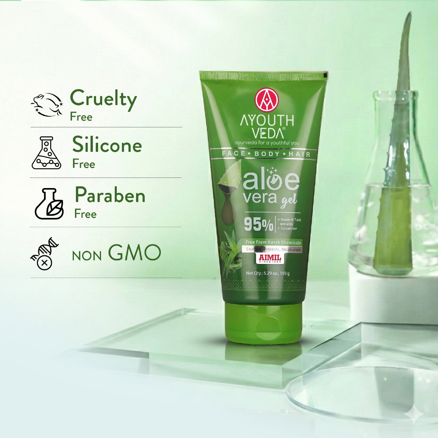 Aloe Vera Gel | Multi-Purpose Gel For Face, Body & Hair | Calms Sunburn & Promotes Even Skin Tone | Non-Greasy Hydrating formula With Neem, Tulsi & Cucumber Extracts | Net. qty - 150g - Set of 3 150g