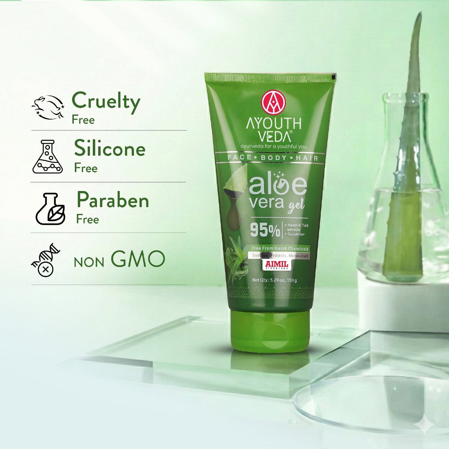 Aloe Vera Gel | Multi-Purpose Gel For Face, Body & Hair | Calms Sunburn & Promotes Even Skin Tone | Non-Greasy Hydrating formula With Neem, Tulsi & Cucumber Extracts | Net. qty - 150g - Single 150g