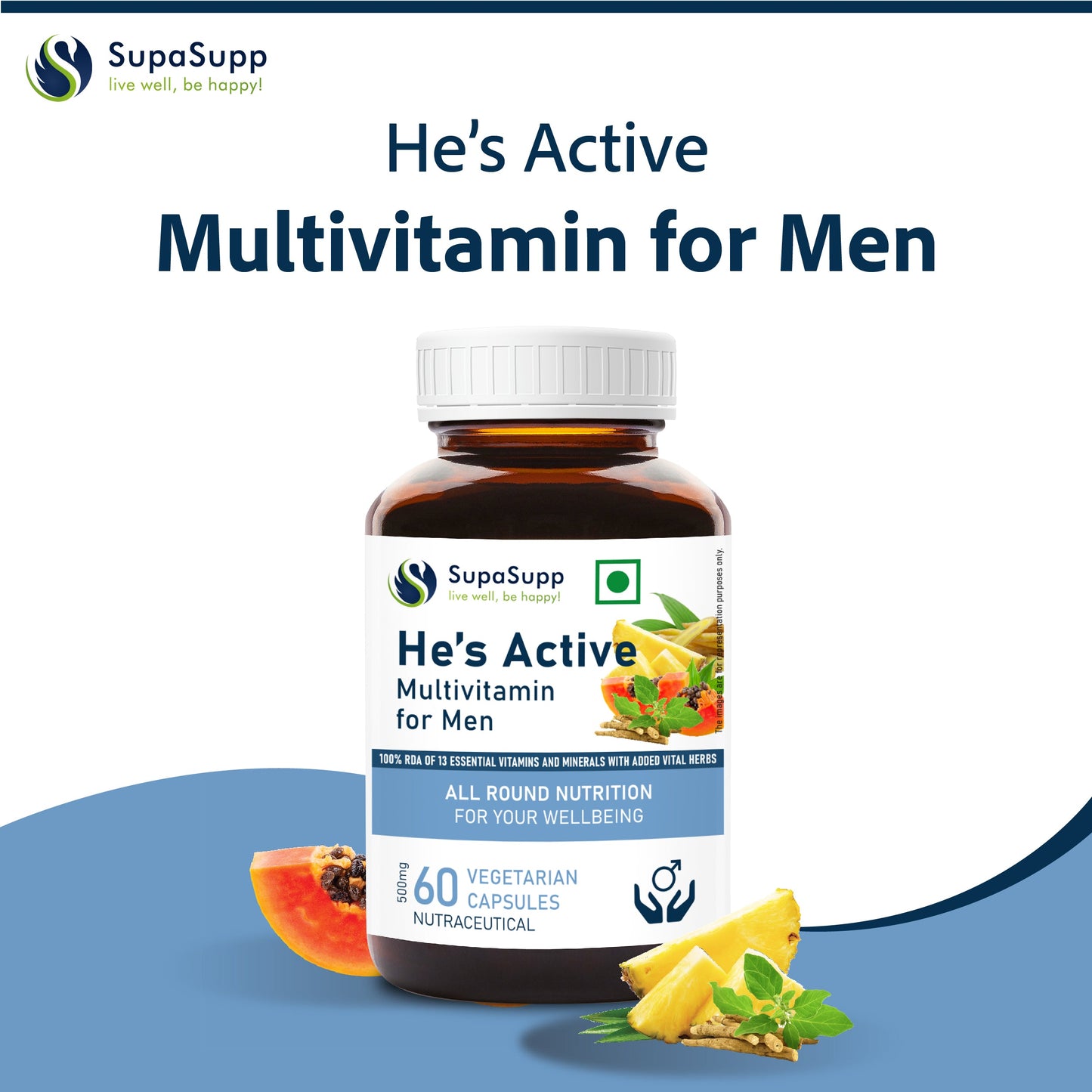 SupaSupp He's Active - Multivitamin for Men | All Round Nutrition For Men On The Go | Health Supplement | 60 Veg Cap, 500 mg 500mg