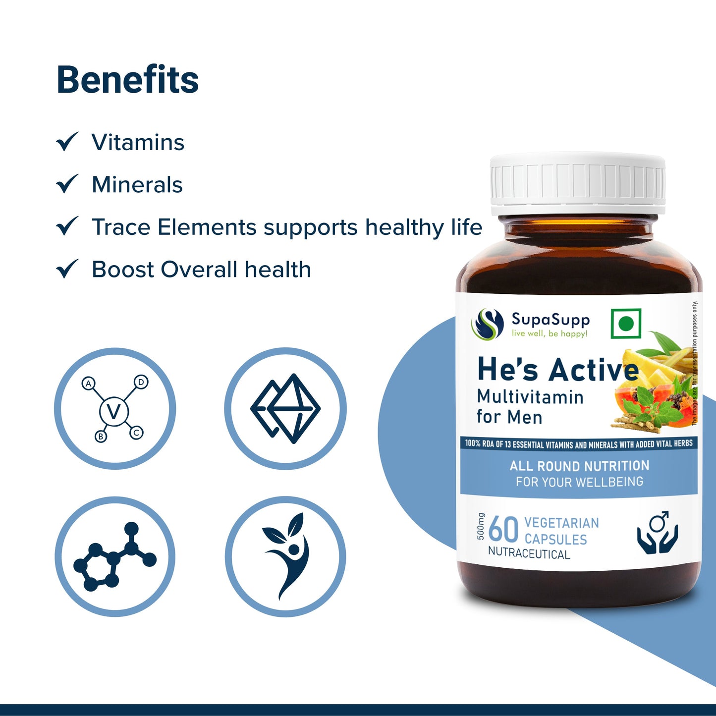 SupaSupp He's Active - Multivitamin for Men | All Round Nutrition For Men On The Go | Health Supplement | 60 Veg Cap, 500 mg 500mg