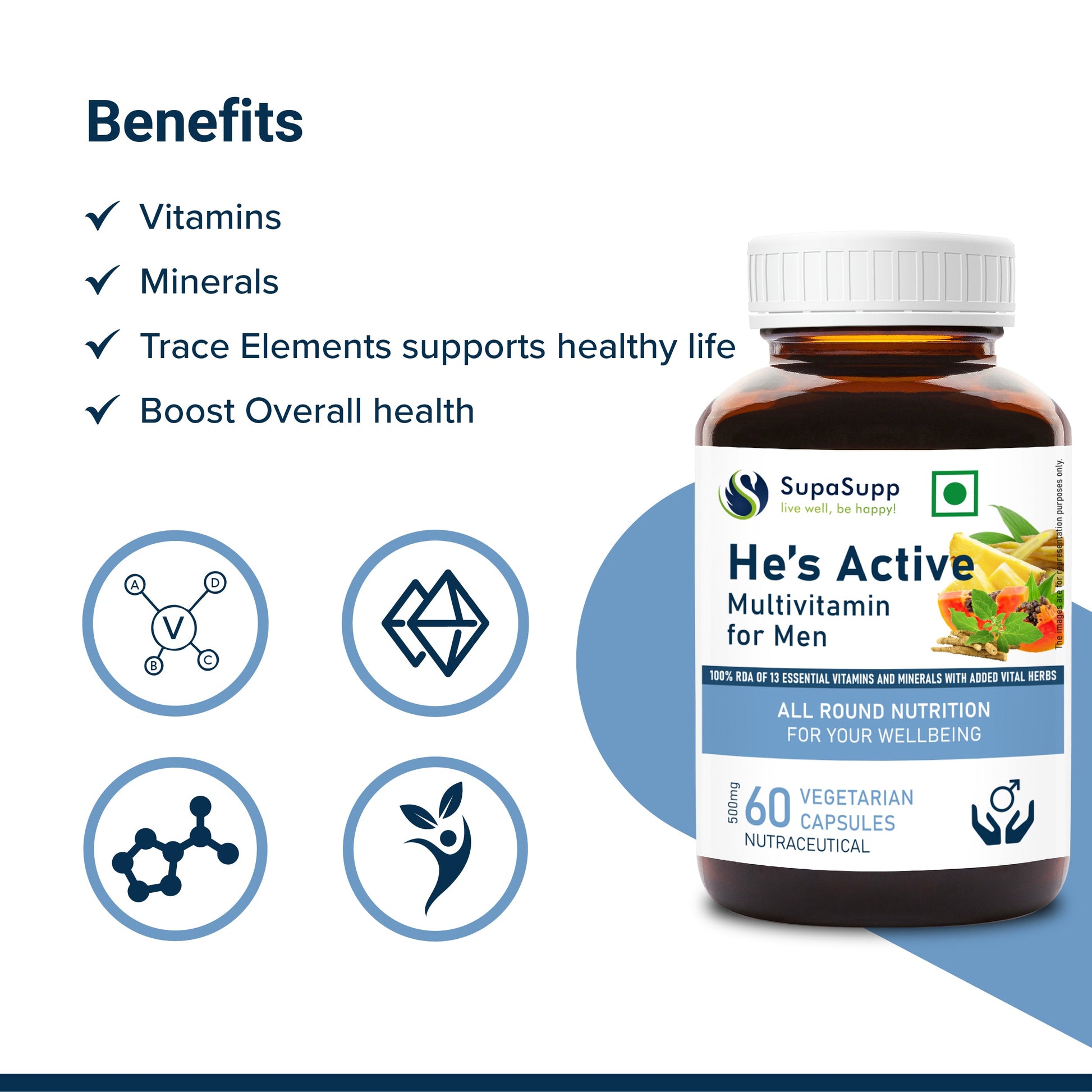 SupaSupp He's Active - Multivitamin for Men | All Round Nutrition For Men On The Go | Health Supplement | 60 Veg Cap, 500 mg 500mg