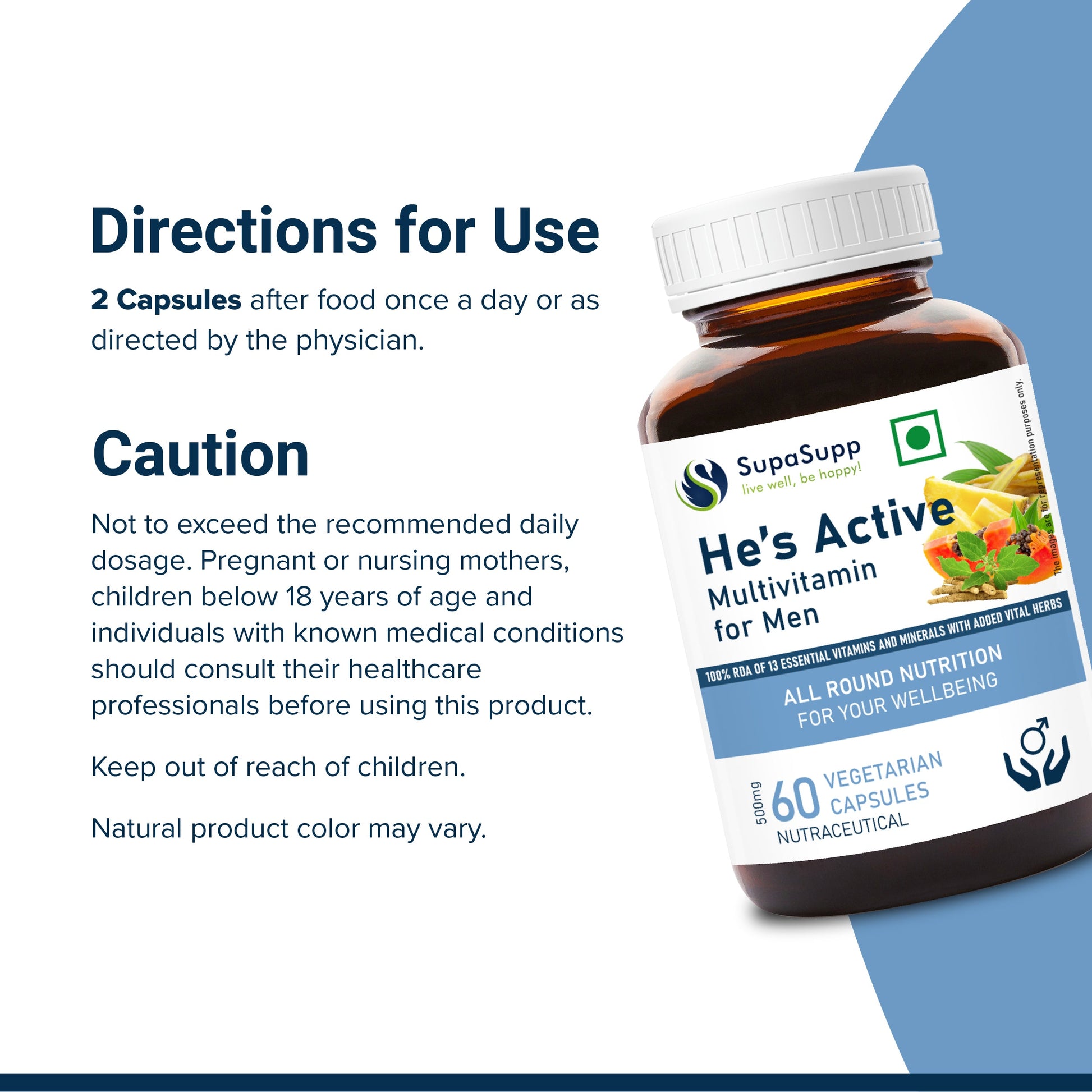 SupaSupp He's Active - Multivitamin for Men | All Round Nutrition For Men On The Go | Health Supplement | 60 Veg Cap, 500 mg 500mg