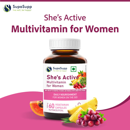 SupaSupp She's Active - Multivitamin For Women | Daily Nourishment For Women On The Go | Health Supplement | 60 Veg Cap, 500 mg 500mg