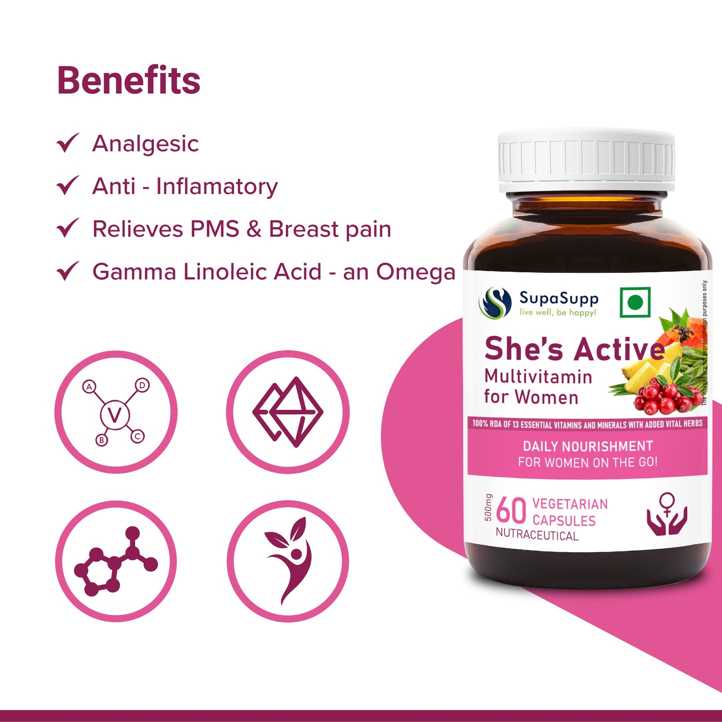 SupaSupp She's Active - Multivitamin For Women | Daily Nourishment For Women On The Go | Health Supplement | 60 Veg Cap, 500 mg 500mg
