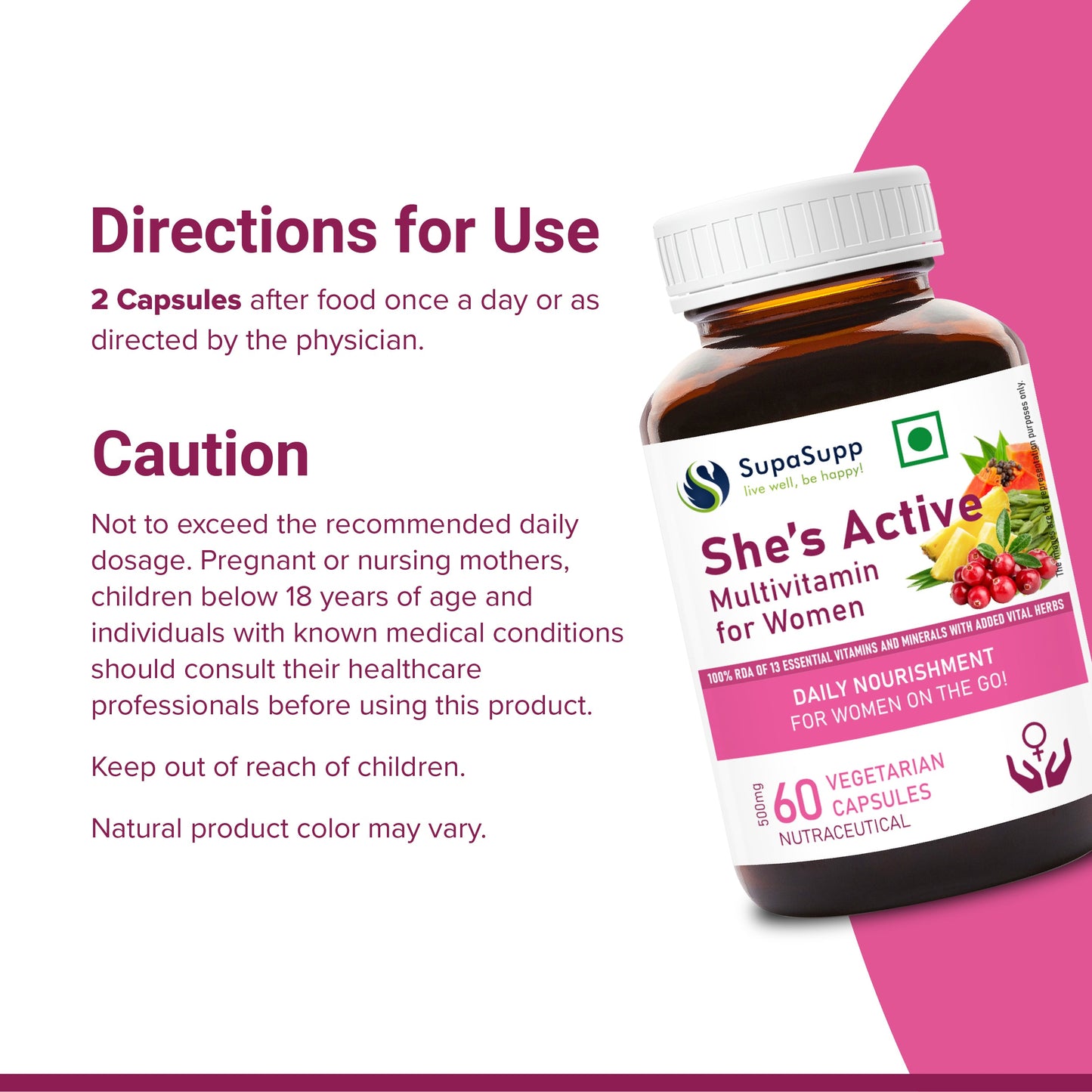 SupaSupp She's Active - Multivitamin For Women | Daily Nourishment For Women On The Go | Health Supplement | 60 Veg Cap, 500 mg 500mg