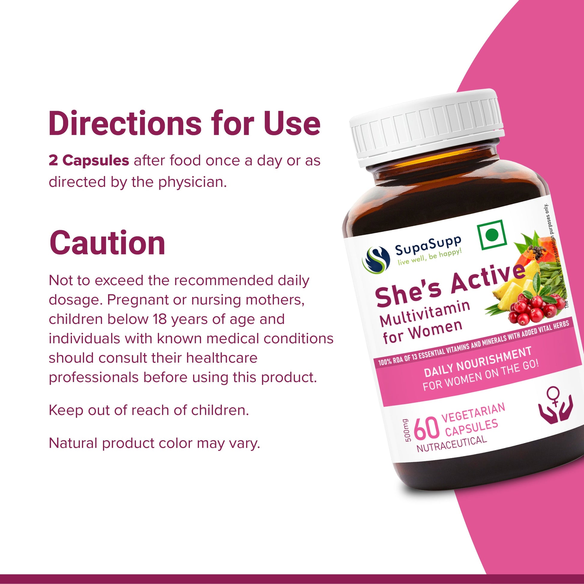 SupaSupp She's Active - Multivitamin For Women | Daily Nourishment For Women On The Go | Health Supplement | 60 Veg Cap, 500 mg 500mg
