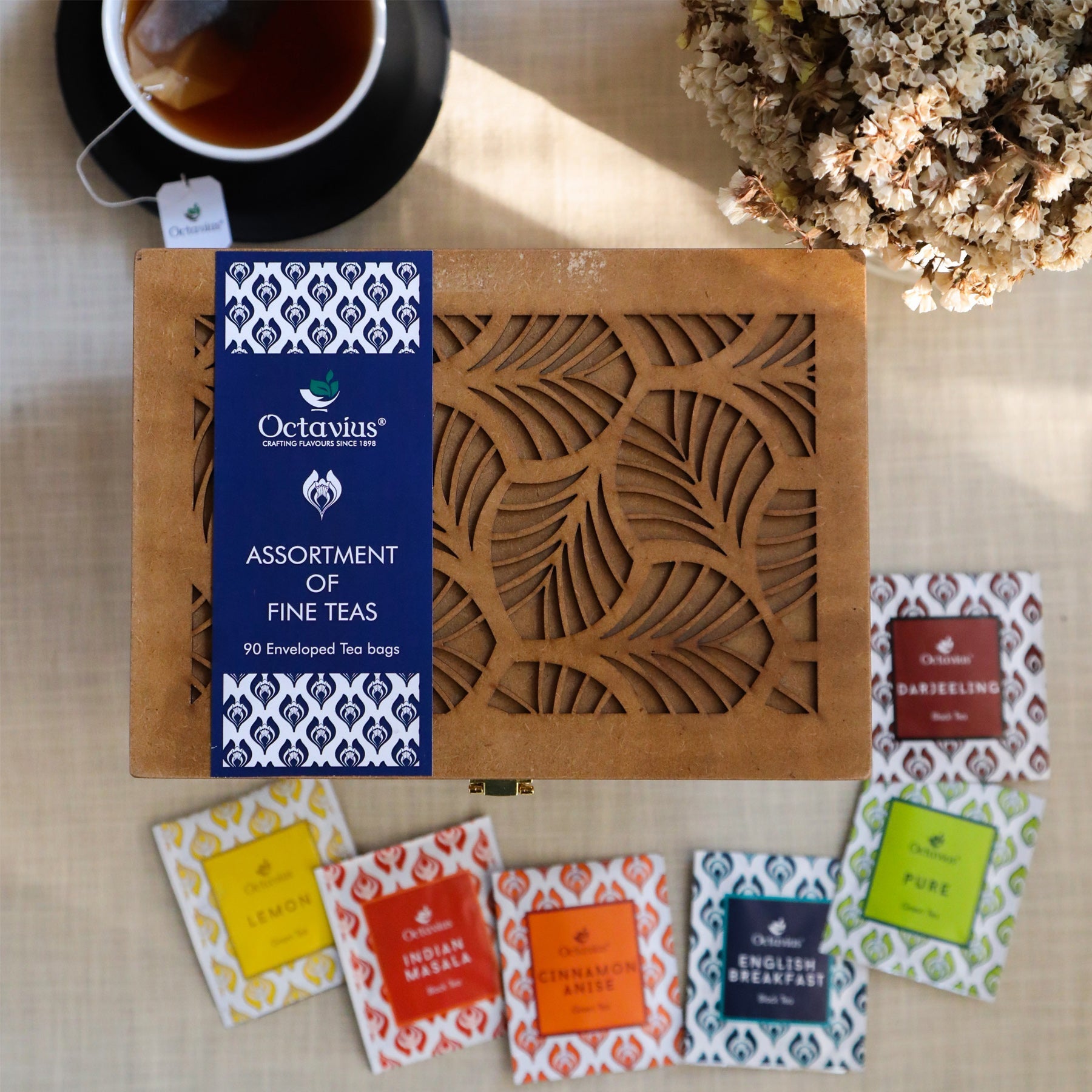 Assortment of Fine Teas - 90 Teabags in Handcrafted Cutwork Wooden Box 90teabags